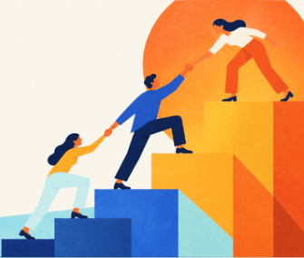 Illustration of people helping each other climb steps
